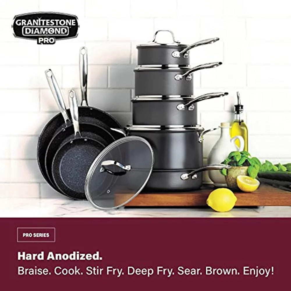 Granite Stone Hard Anodized Aluminum Ultra-Nonstick Ti-Ceramic Coating 20 Piece Cookware Set, Black, Dishwasher Safe, Oven Safe