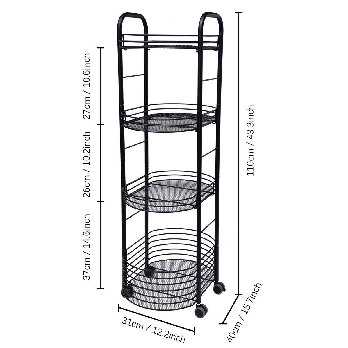 4 Tier Rolling Cart, Kitchen Storage Organizer Utility Cart, Metal Basket Storage Art Trolley Carts with Rims, Black