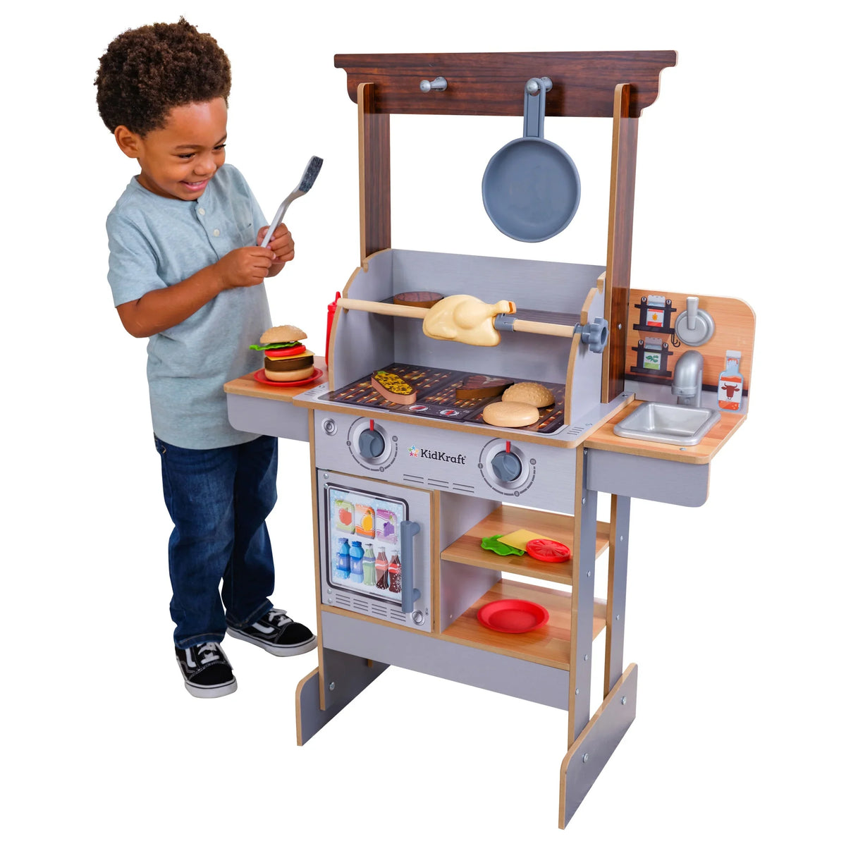 KidKraft Spin & Reveal Wooden Grill & Play Kitchen with Water-Reveal Food & 21 Accessories