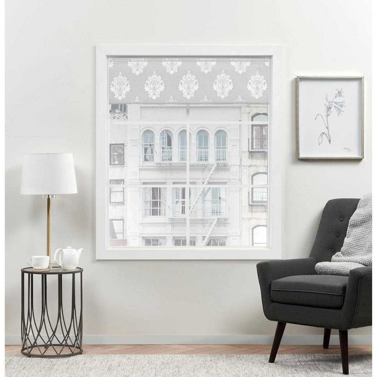 Exclusive Home Marseilles Damask 100% Blackout Roman Shade, 34"x64", Silver