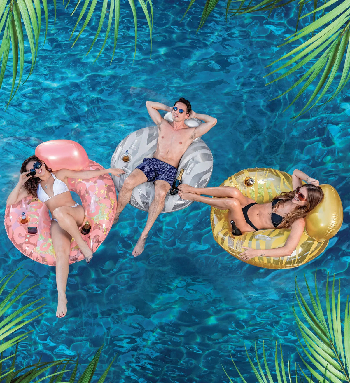 POZA Inflatable Luxury Tubes with Back Rest - Rose Gold, Gold, Silver Sparkle Confetti Filled Luxurious Lounger, Thick Pool Float Tubes, Built in Phone and Cup Holder with Handles, 42 Inch, Pack of 3