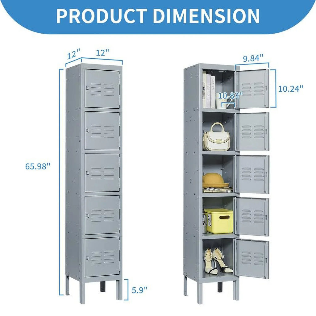 IKIMI 66" Metal Storage Cabinet Locker for School, Gym, Home Office, Steel Locker Cabinet With 5 Doors for Employees, Students