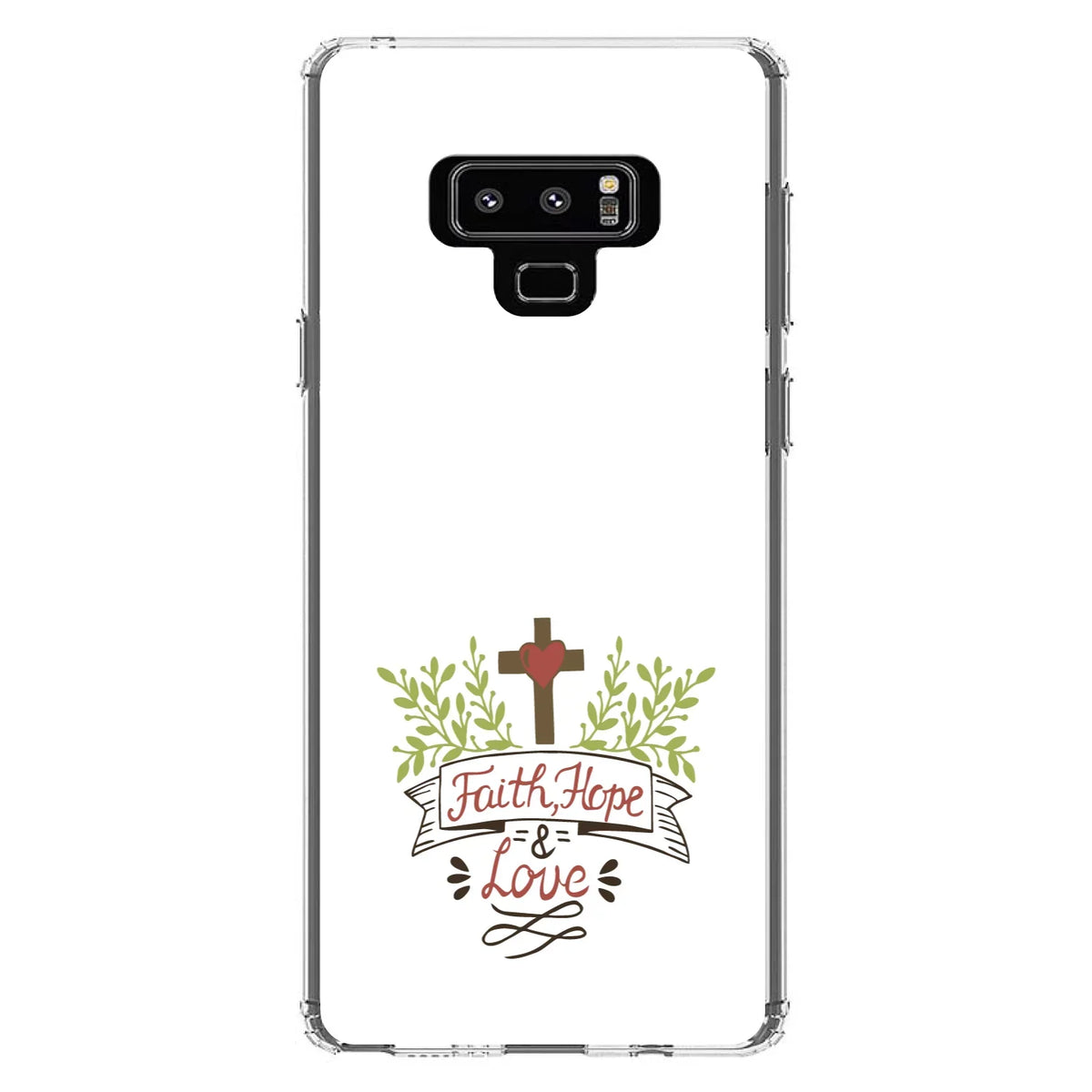 DistinctInk Clear Shockproof Hybrid Case for Samsung Galaxy Note 9 - TPU Bumper, Acrylic Back, Tempered Glass Screen Protector - Faith, Hope & Love - Cross & Leaves