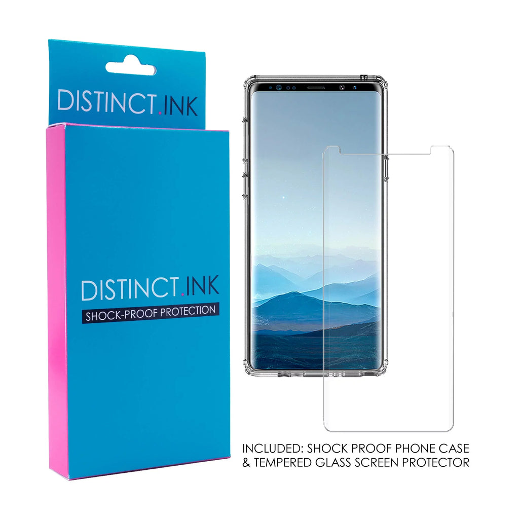 DistinctInk Clear Shockproof Hybrid Case for Samsung Galaxy Note 9 - TPU Bumper, Acrylic Back, Tempered Glass Screen Protector - Faith, Hope & Love - Cross & Leaves