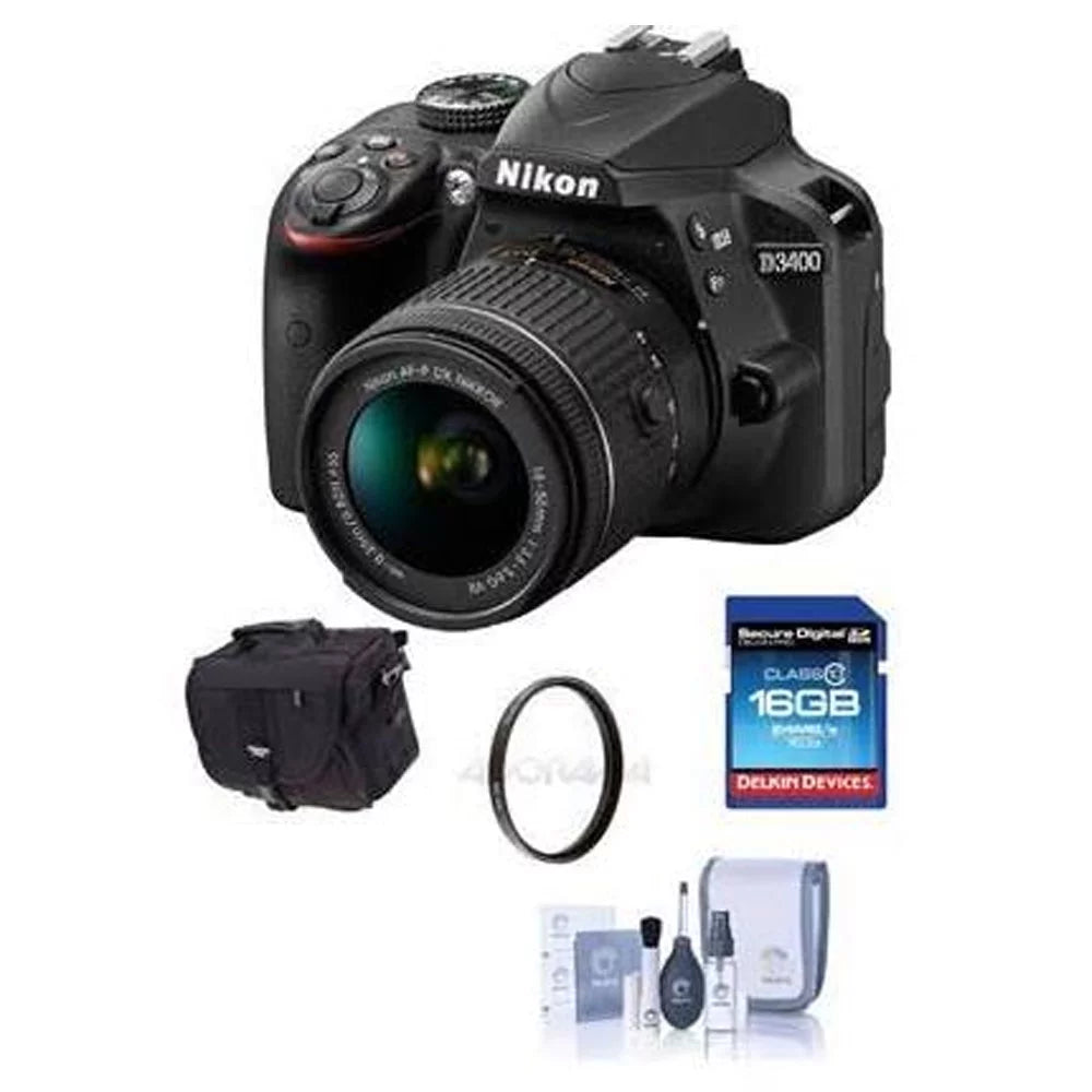 Nikon D3400 DX-Format DSLR Camera Body with AF-P DX Nikkor 18-55mm f/3.5-5.6G VR Lens, Black - Bundle with 16GB Sdhc Card, Camera Bag, 55mm UV