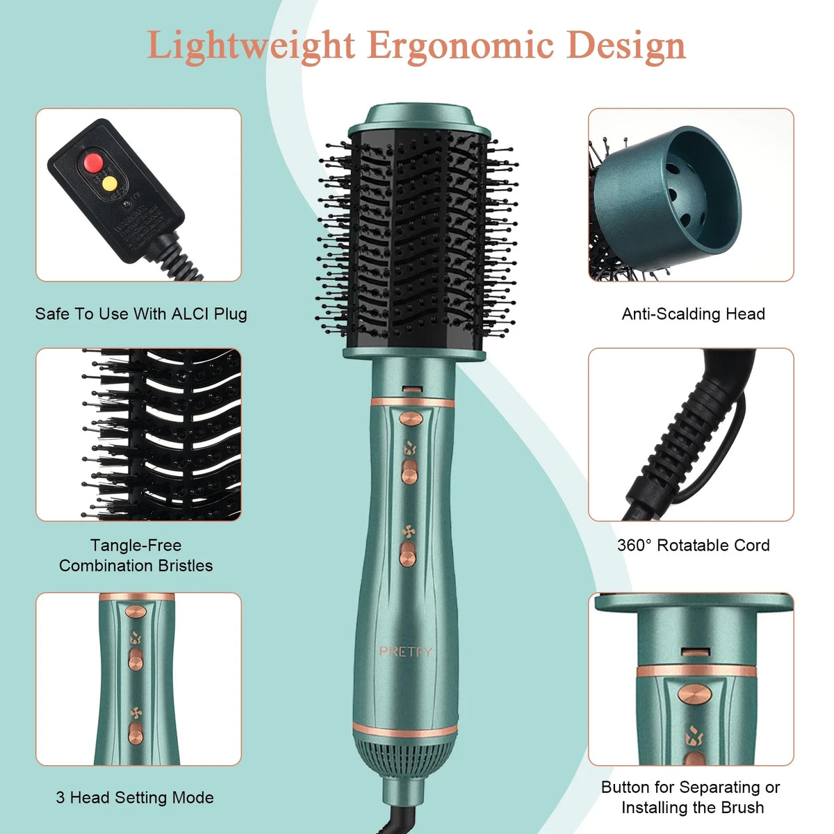 Pretfy Hair Dryer Brush, 5 in 1 Blow Dryer & Volumizer, Negative Ion Detachable Hot Air Brush Set Hair Styler for Straightening/ Drying/ Curling/ Styling