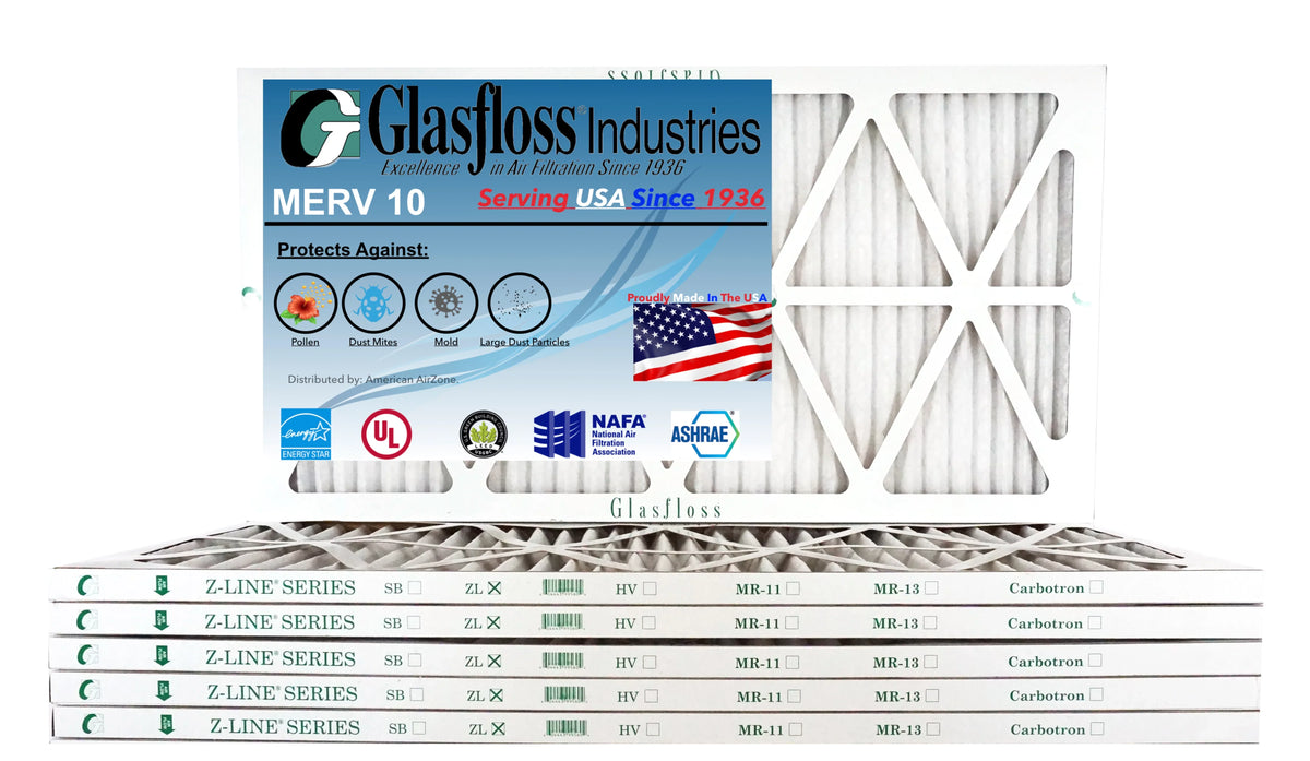 Glasfloss 15x25x1 - MERV 10 -Qty:6 - Furnace Air Filter - Made in USA (Actual Size: 14.5 x 24.5x7/8 inch)