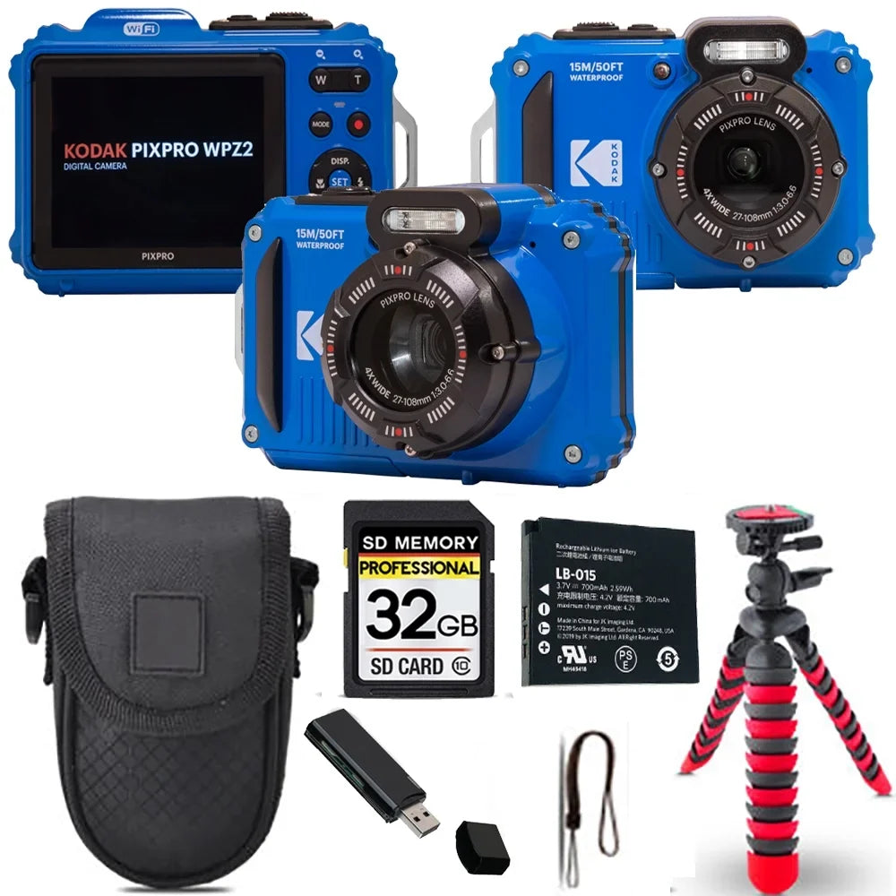 Kodak PIXPRO WPZ2 Digital Camera (Blue) + Spider Tripod + Case - 32GB Kit