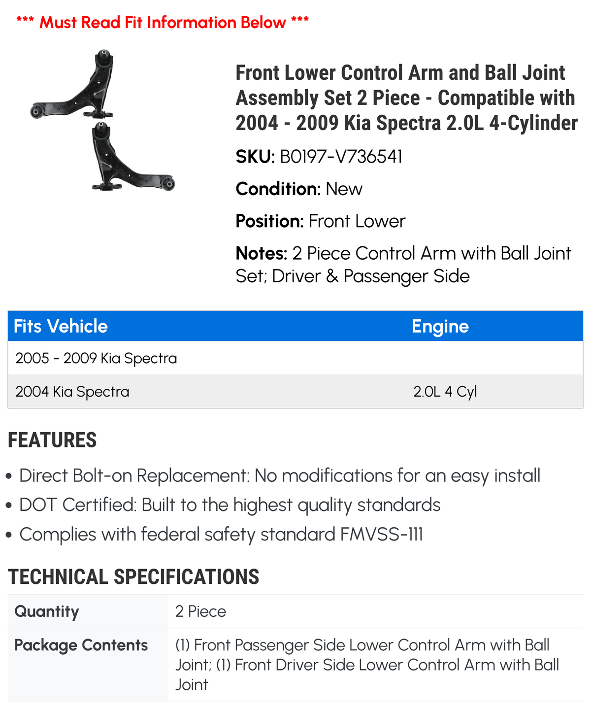 Front Lower Control Arm and Ball Joint Assembly Set 2 Piece - Compatible with 2004 - 2009 Kia Spectra 2.0L 4-Cylinder 2005 2006 2007 2008