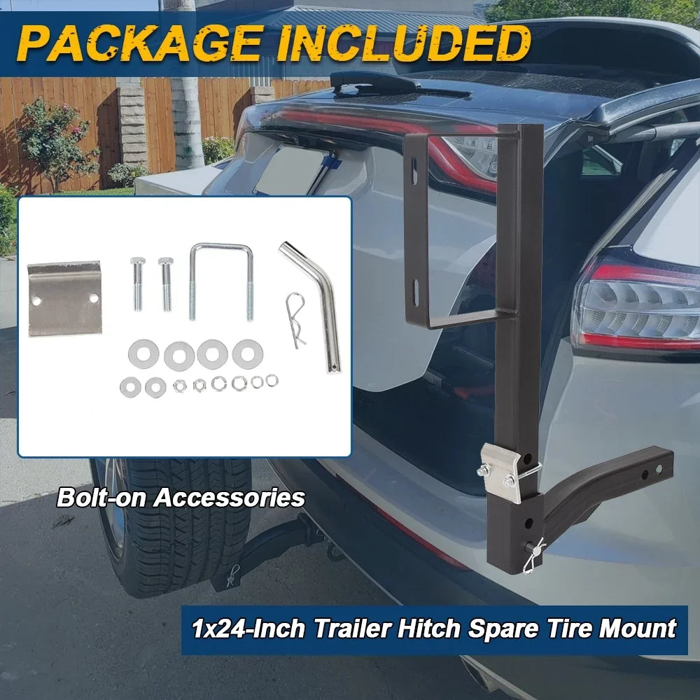 KOJEM Universal Trailer Hitch Spare Tire Carrier Fits All 2" Receivers RV Truck Car Tire Rack 24" High Hitch Spare Tire Mount