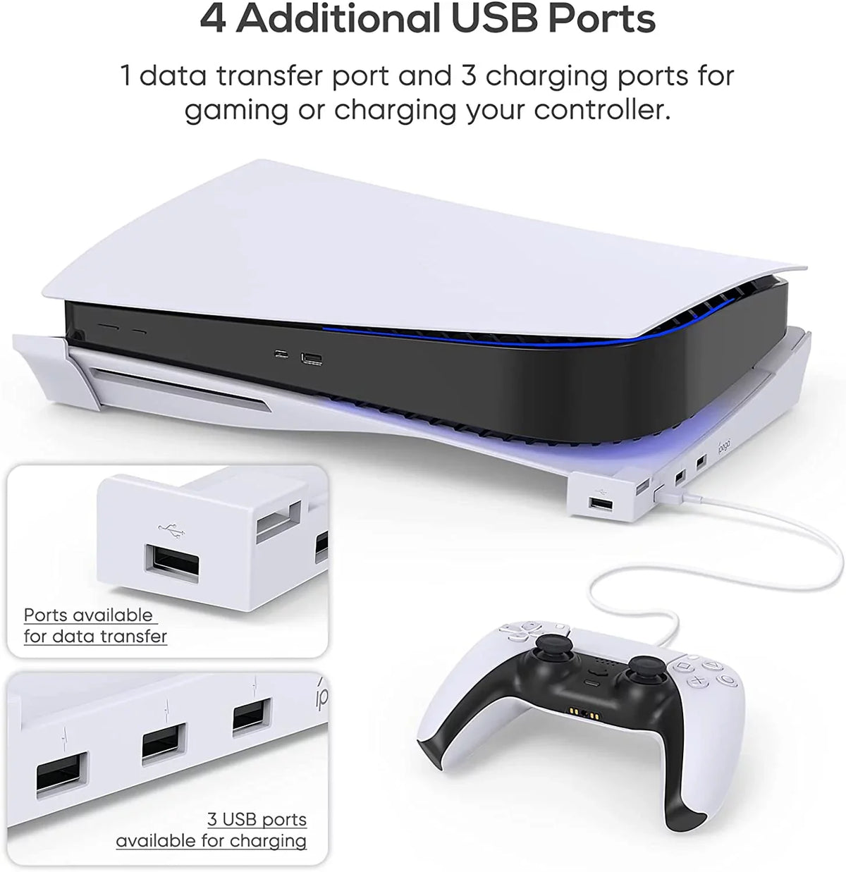 Horizontal Console Stand for Playstation 5 with 4-Port USB Hub and Base Skate Holder 3 Charging Port Extension &1 USB 2.0 Data Port,Compatible with Playstation 5 Disc & Digital Edition