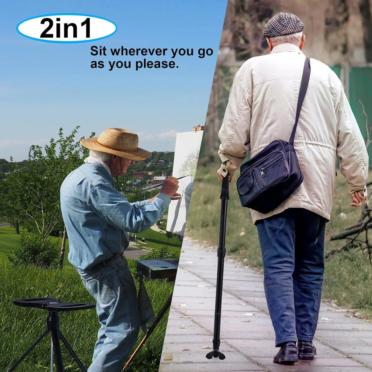 Portable Cane Saddle Folding Walking Cane for Men & Women Sturdy Tripod Cane Stool Lightweight Balancing Mobility Aid Crutch Chair with Travel Bag and 2 Base Canes for Elderly, Seniors & Handicap
