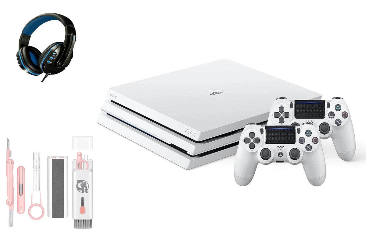 Pre-Owned Sony PlayStation 4 Pro 1TB Gaming Console Glacier White Headset 2 Controller With BOLT AXTION Cleaning Kit Bundle (Refurbished: Like New)