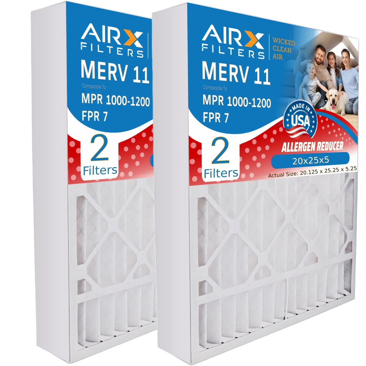 20x25x5 Air Filter MERV 11 Comparable to MPR 1000, MPR 1200 & FPR 7 Compatible with Goodman / Amana M8-1056 Premium USA Made 20x25x5 Furnace Filter MERV 11 - 2 pack by AIRX FILTERS WICKED CLEAN AIR.