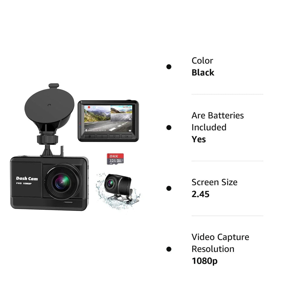 Dash Cam Front and Rear, Mini Dash Cam 1080P Full HD with 32GB SD Card, 2.45 inch IPS Screen, 2 Mounting Ways, Night Vision, WDR, Accident Lock, Loop Recording, Parking Monitor Car,Motorcyle,Balls